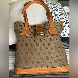 Dooney & Bourke Brown Tan Canvas Leather Trim Cabriolet Shopper Shoulder Bag